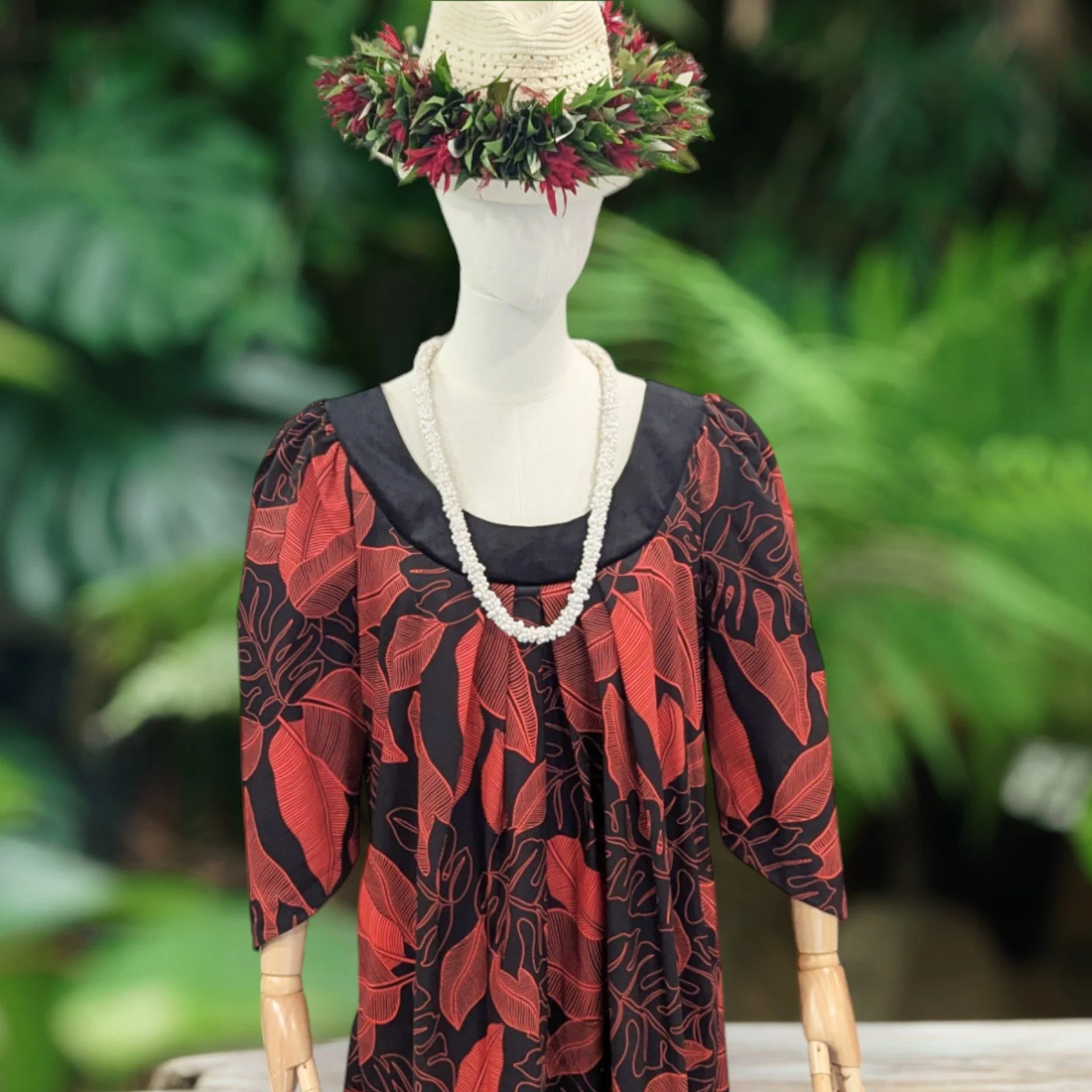 Crimson Shadow Muumuu Dress with Black and Red Leaf Print and